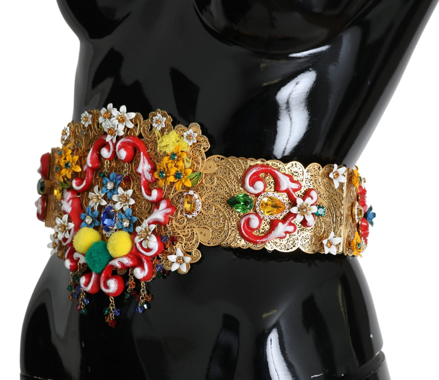 Breiter goldener Gürtel mit Blumen- und Kristallverzierung