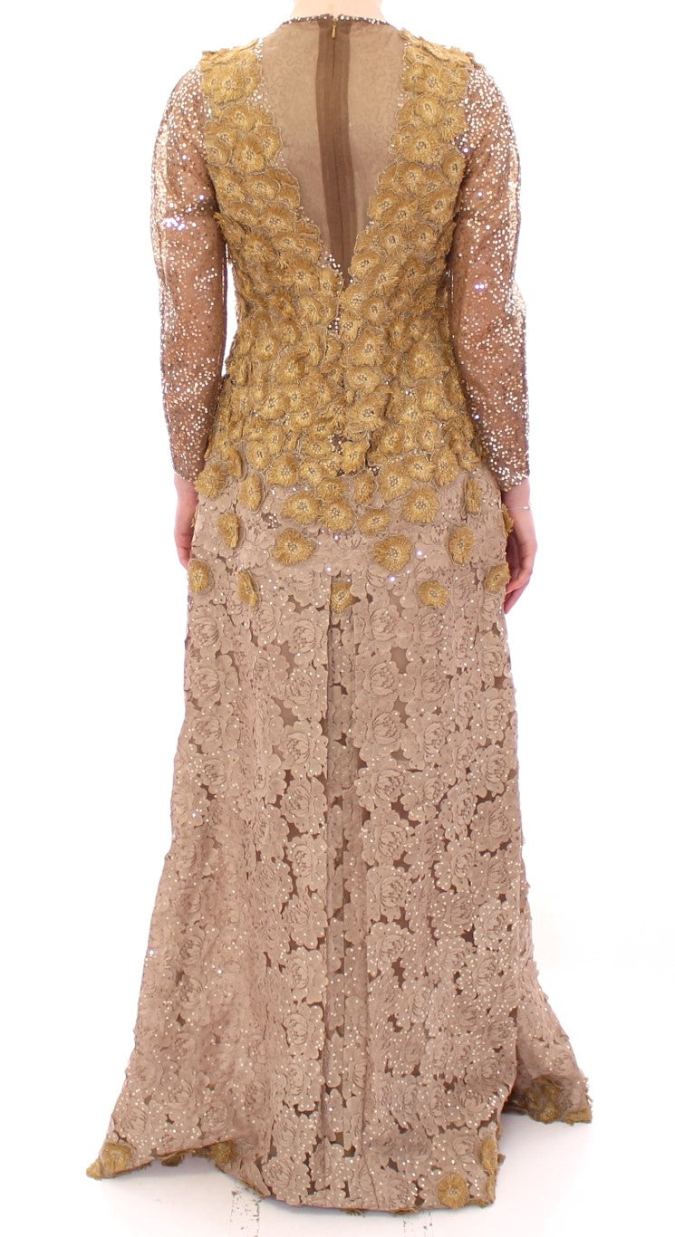 GOLDENES langes Maxikleid aus Spitze mit Kristallen