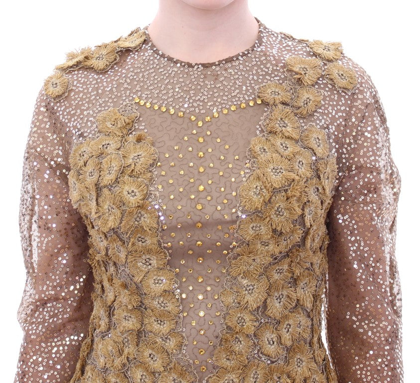 GOLDENES langes Maxikleid aus Spitze mit Kristallen