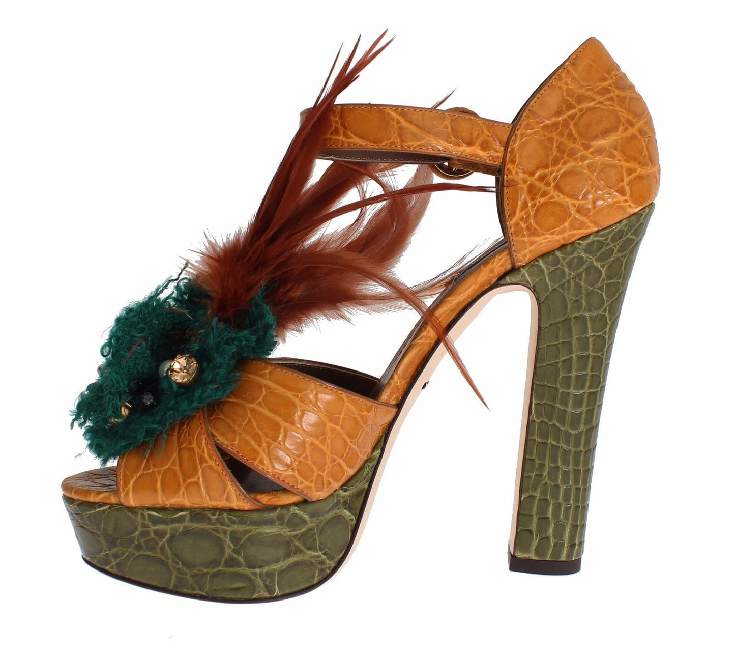 Orangefarbene Plateau-Sandalen aus Leder mit Kristallen