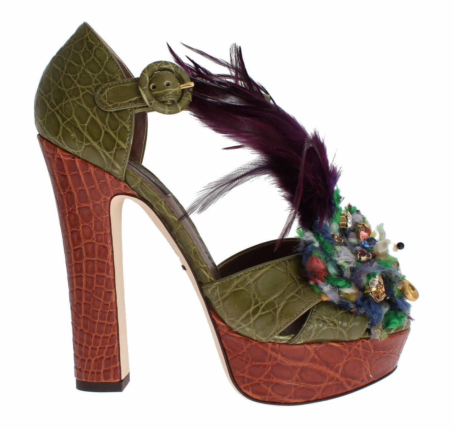 Grüne Sandalen aus Leder mit Kristallen und Plateausohle