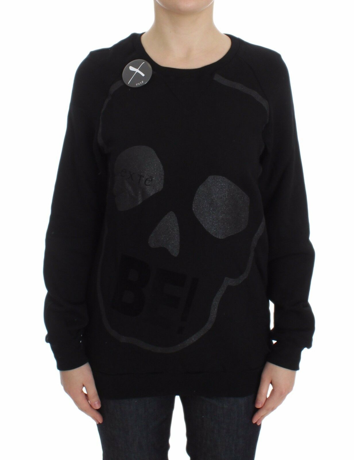 Schwarzer Pullover mit Rundhalsausschnitt und Motivdruck aus Baumwolle