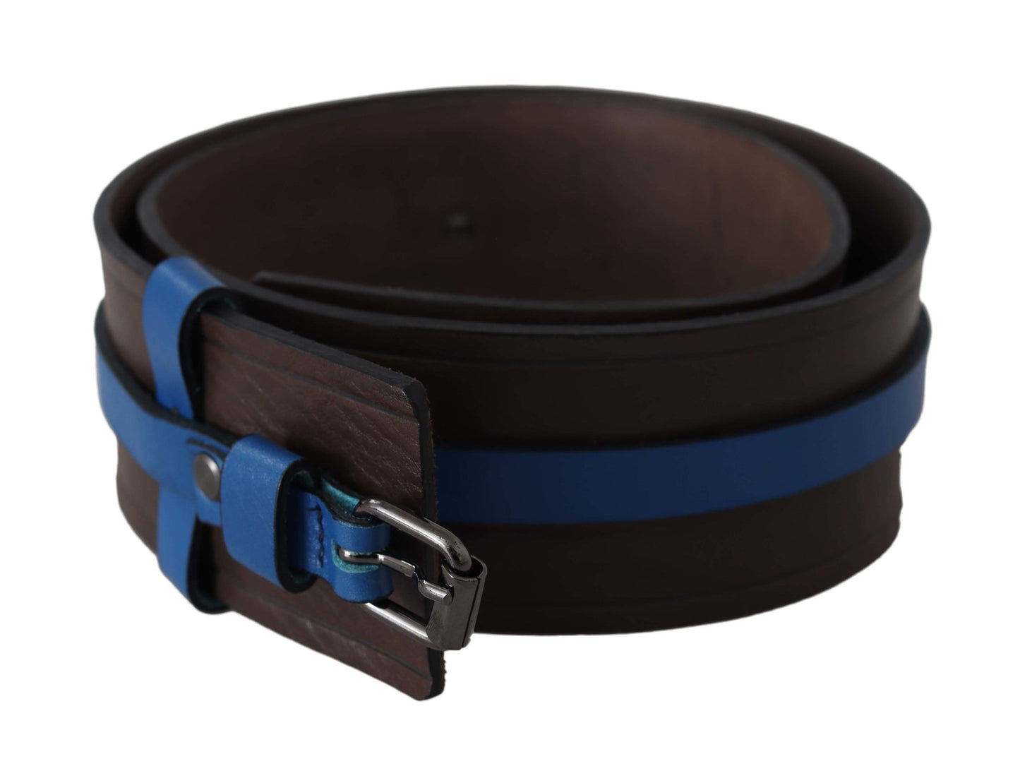 Brauner Gürtel mit dünner, blauer Linie und Schnalle aus Leder