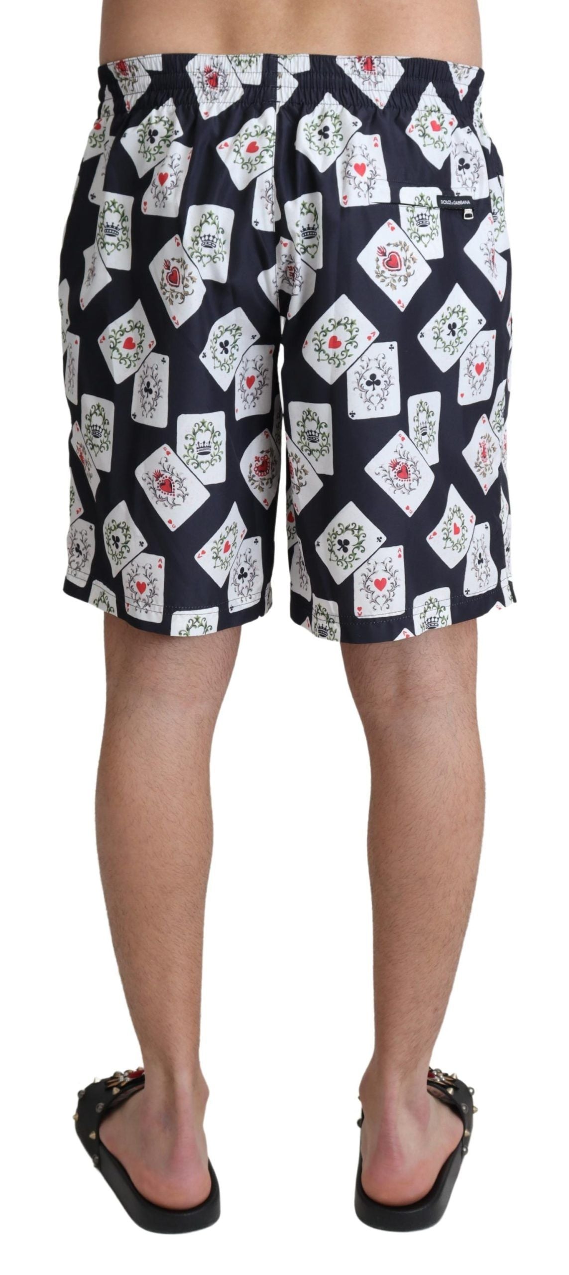 Schwarze Strand-Badeshorts mit Kartenspiel-Print