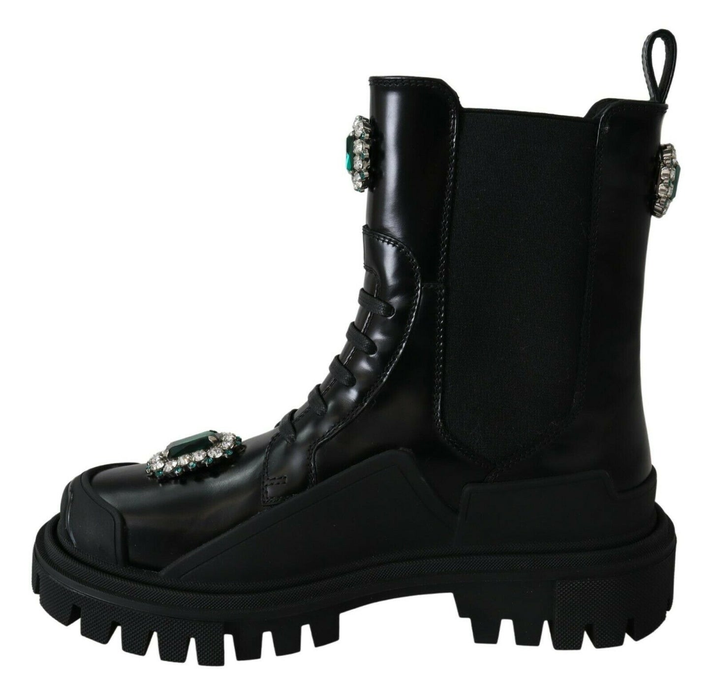 Schwarze Kampfstiefel aus Leder mit Kristallen