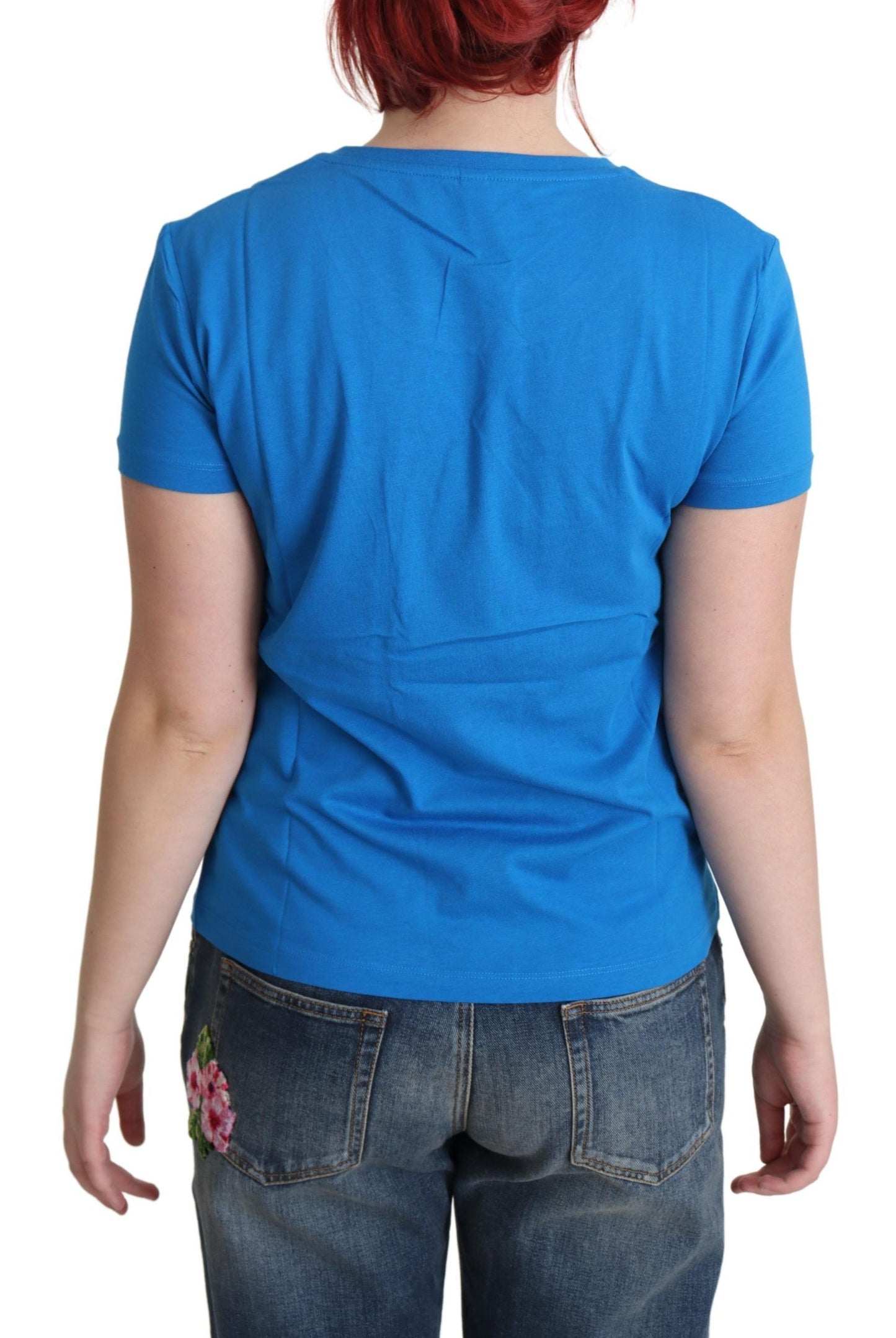 Blaues bedrucktes T-Shirt aus Baumwolle mit kurzen Ärmeln