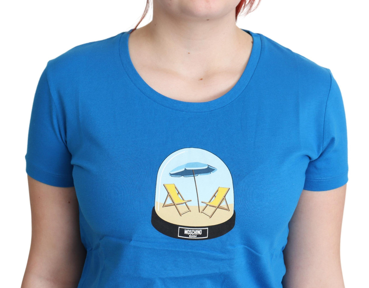Blaues bedrucktes T-Shirt aus Baumwolle mit kurzen Ärmeln