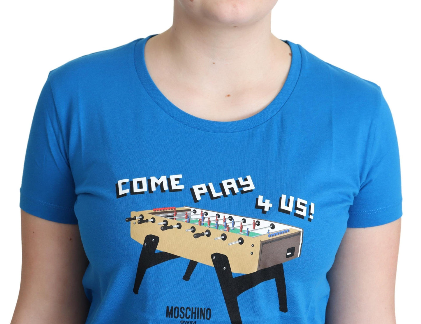 Blaues T-Shirt aus Baumwolle mit „Come Play 4 Us“-Print