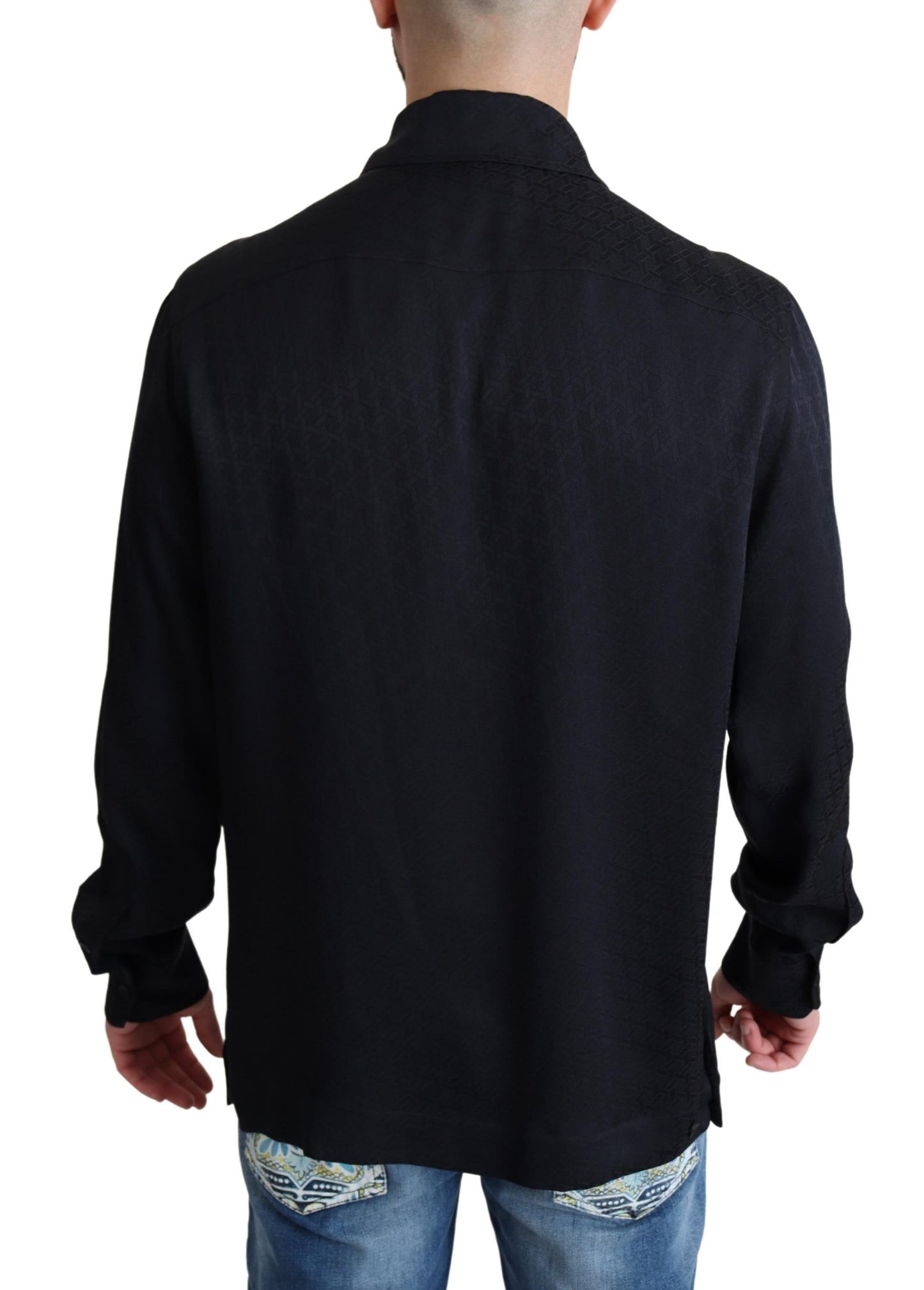 Schwarzes Jacquard-Seiden-Casual-Button-Down-Hemd