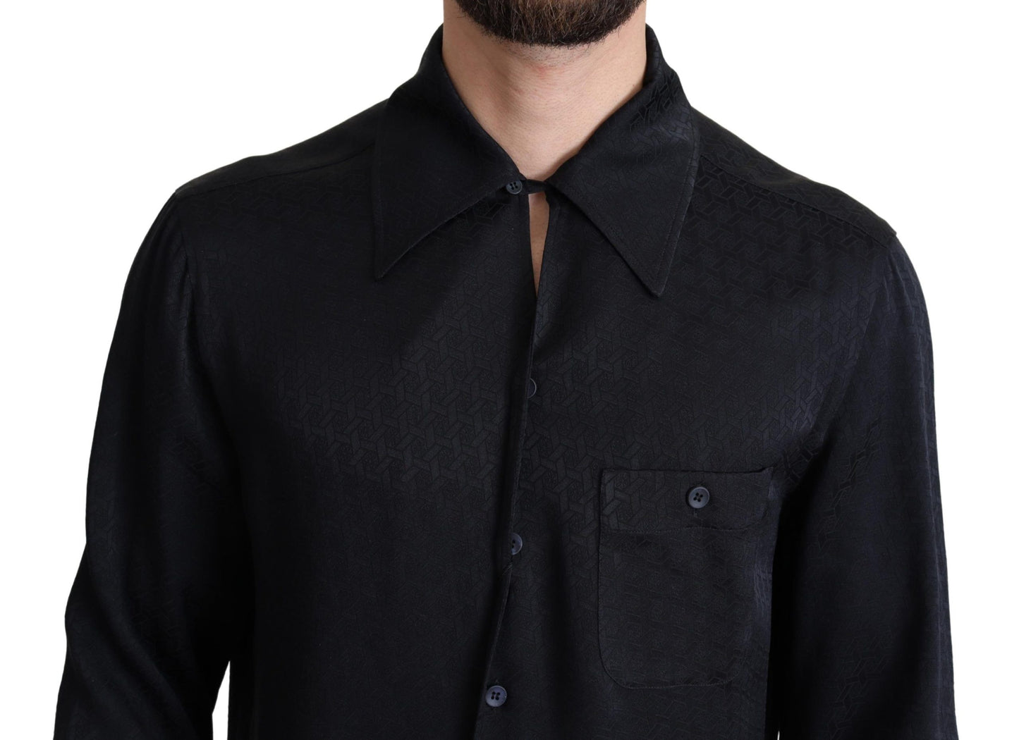 Schwarzes Jacquard-Seiden-Casual-Button-Down-Hemd
