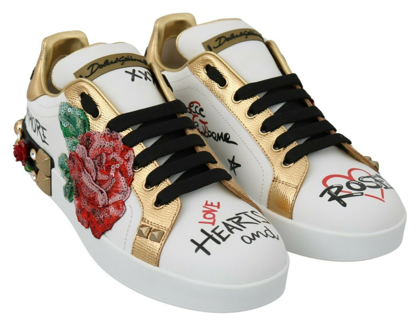 Weiße Rosen Pailletten Kristall Damen Sneakers Schuhe