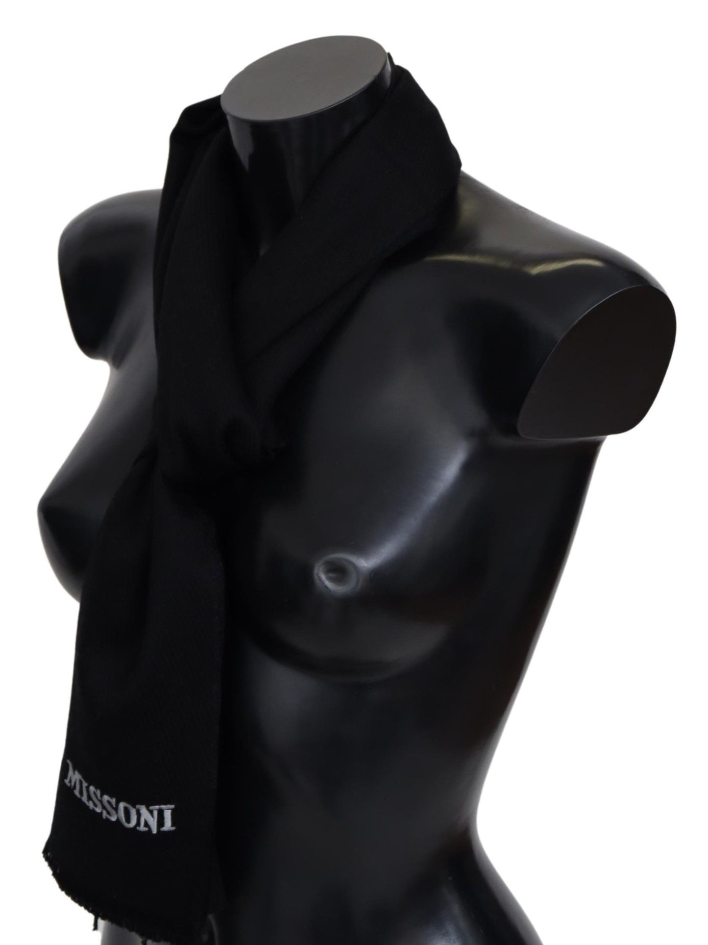 Schwarzer Unisex-Halswickelschal aus 100 % Wolle mit Fransen und Logo