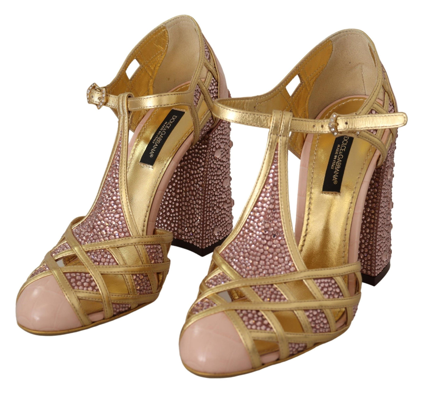 Rosagoldene Pumps aus Leder mit Kristallen und T-Riemen