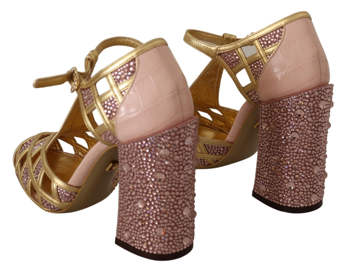 Rosagoldene Pumps aus Leder mit Kristallen und T-Riemen
