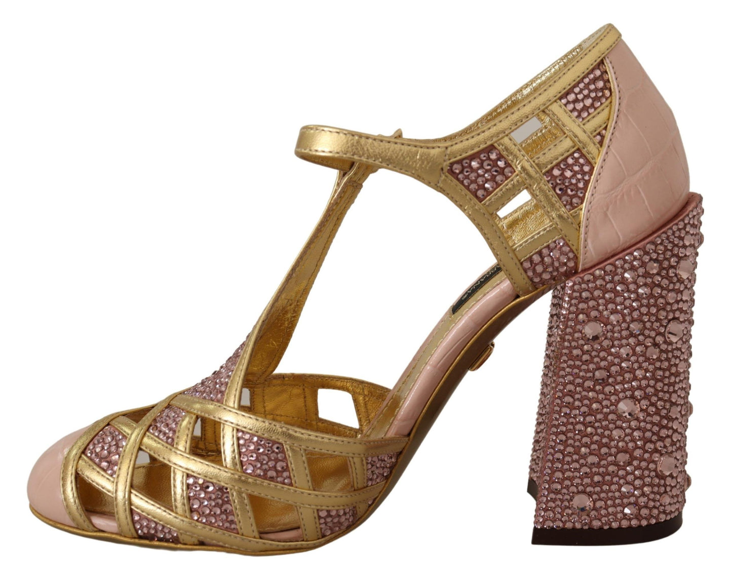 Rosagoldene Pumps aus Leder mit Kristallen und T-Riemen