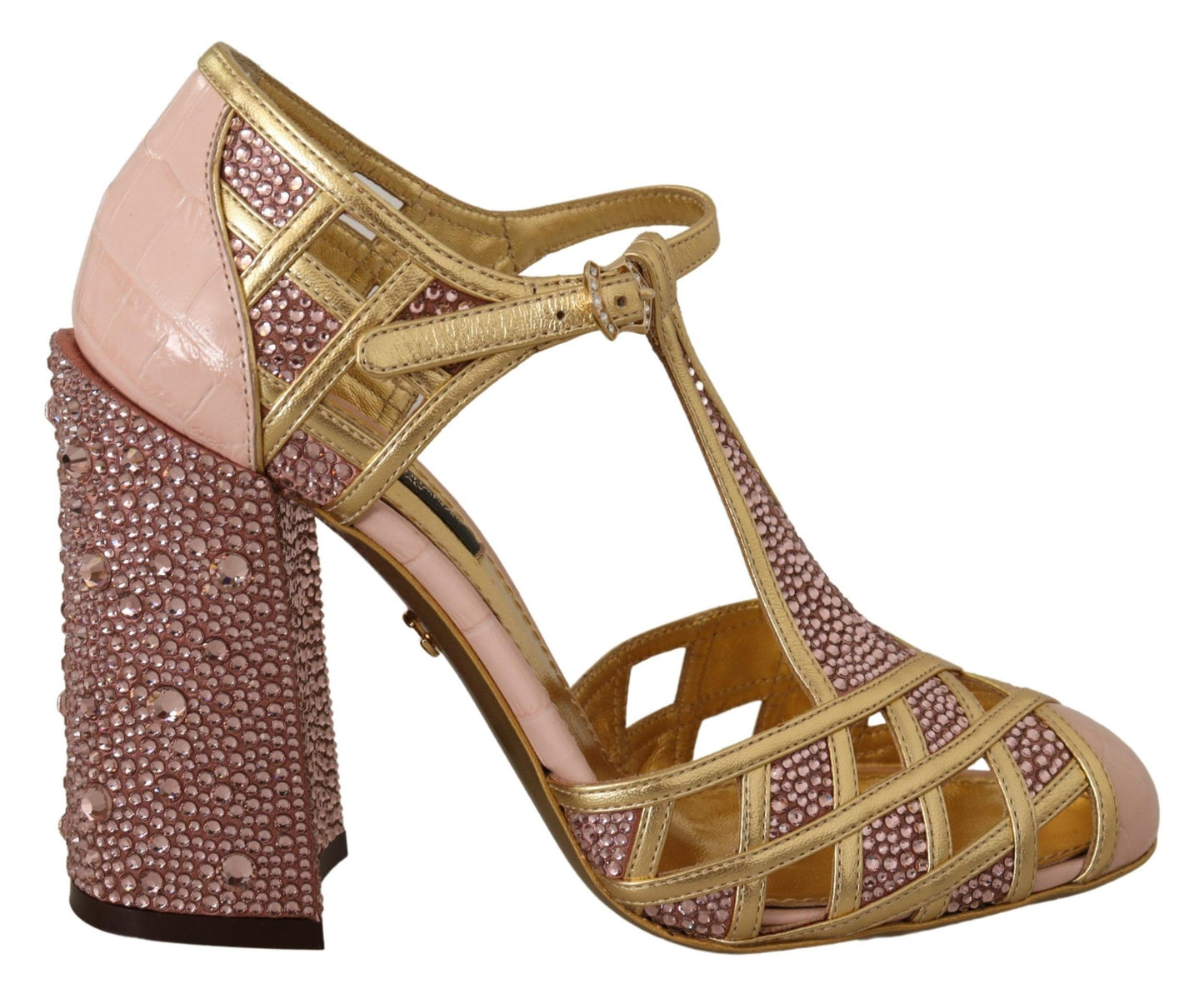 Rosagoldene Pumps aus Leder mit Kristallen und T-Riemen