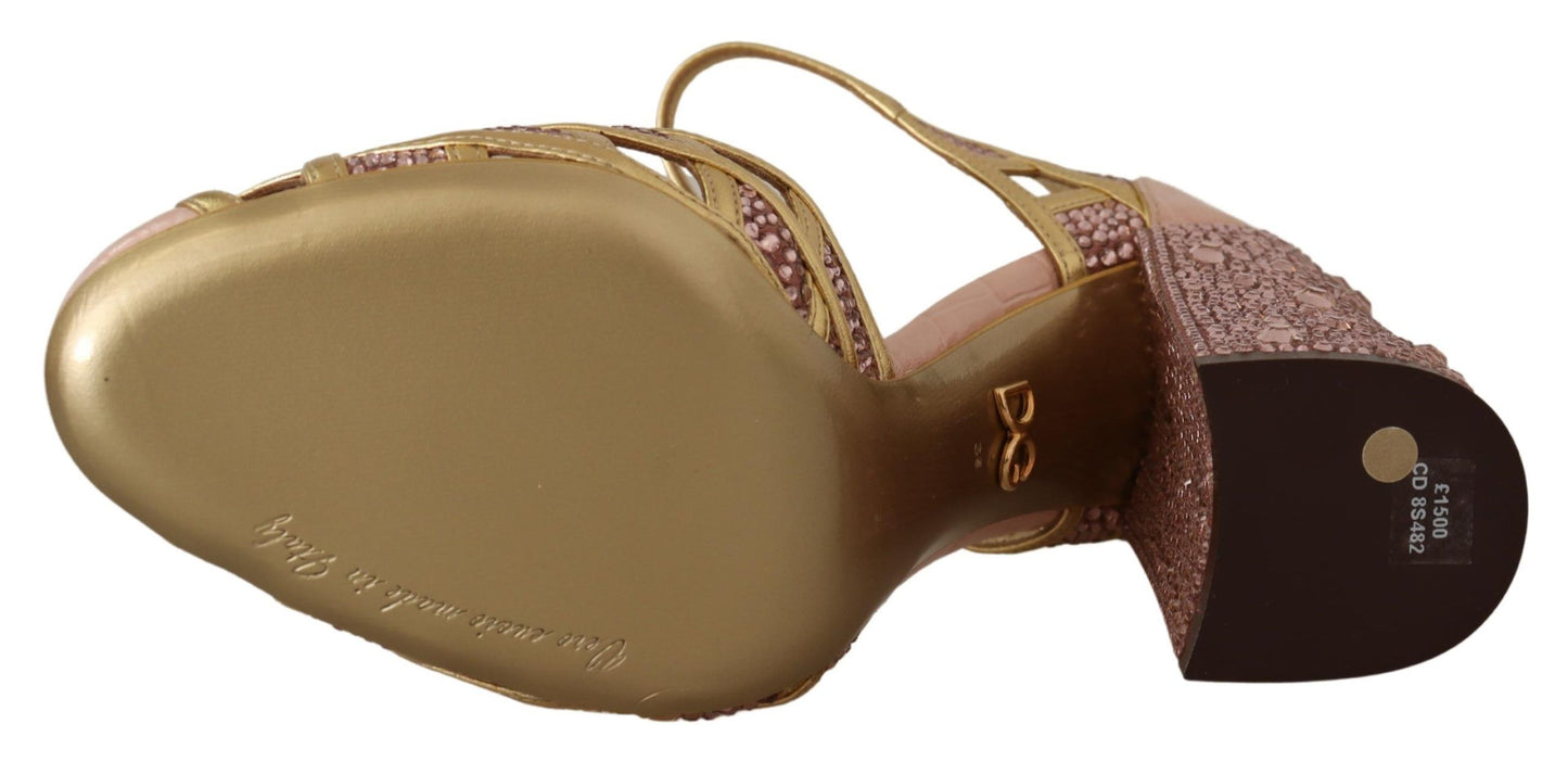 Rosagoldene Pumps aus Leder mit Kristallen und T-Riemen