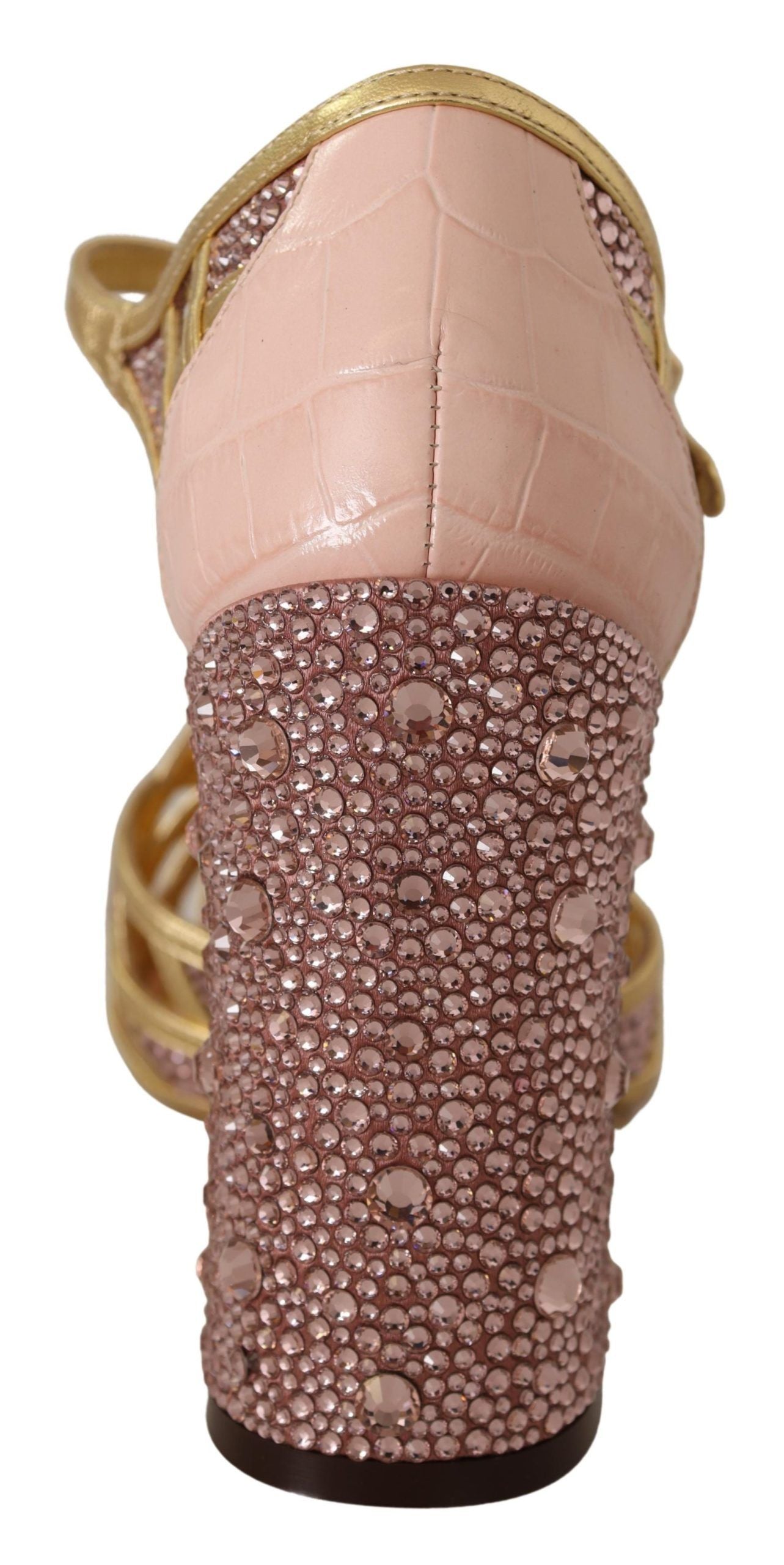 Rosagoldene Pumps aus Leder mit Kristallen und T-Riemen