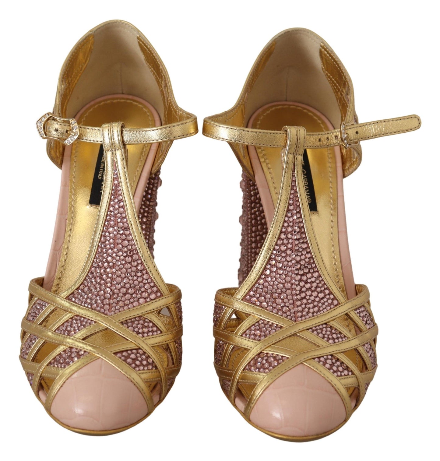 Rosagoldene Pumps aus Leder mit Kristallen und T-Riemen