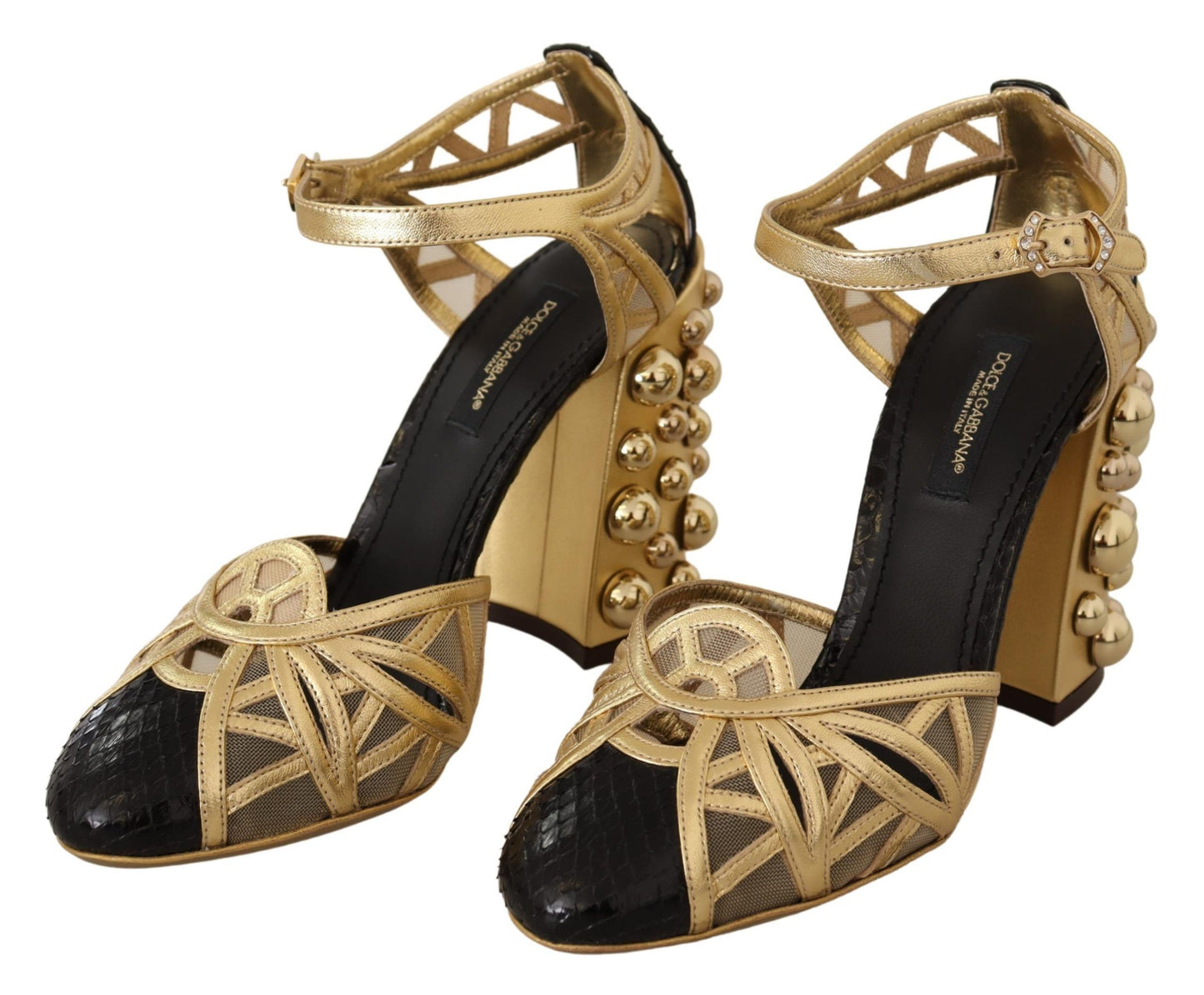 Schwarz-goldene Lederschuhe mit Knöchelriemen und Nieten