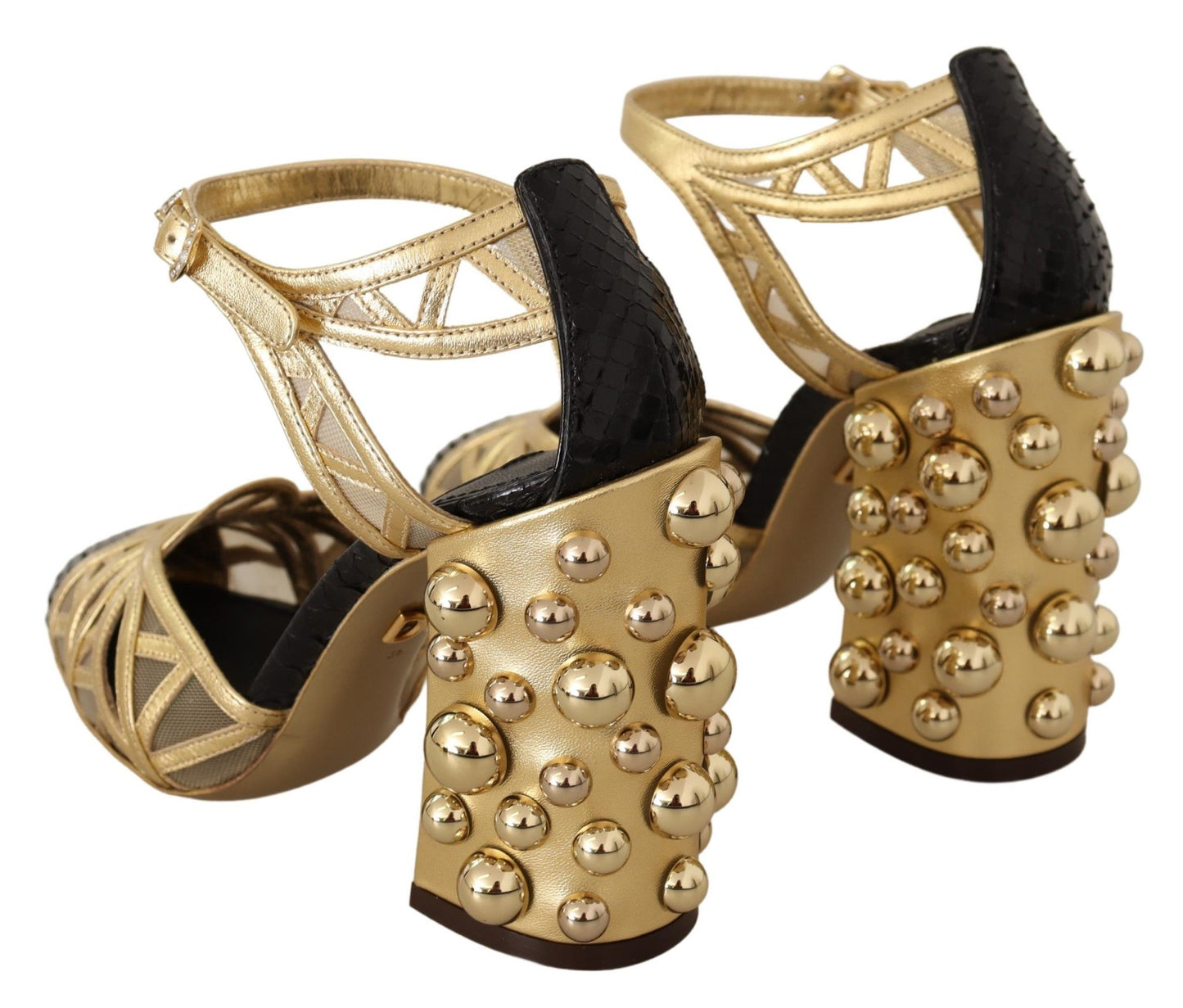 Schwarz-goldene Lederschuhe mit Knöchelriemen und Nieten