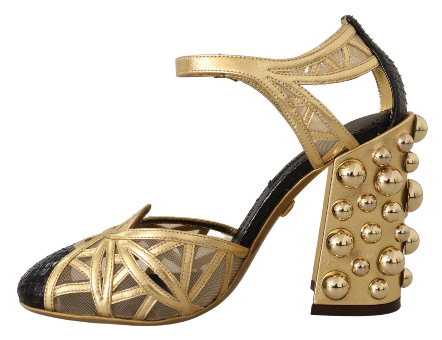 Schwarz-goldene Lederschuhe mit Knöchelriemen und Nieten