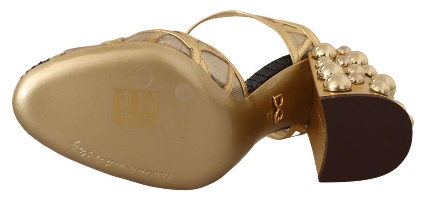Schwarz-goldene Lederschuhe mit Knöchelriemen und Nieten