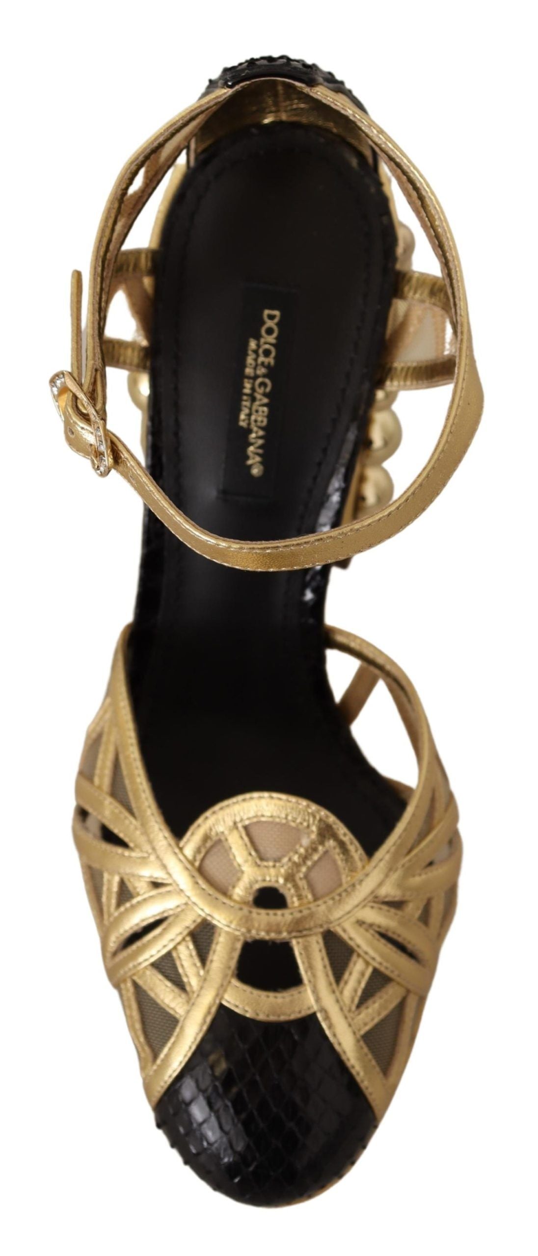 Schwarz-goldene Lederschuhe mit Knöchelriemen und Nieten