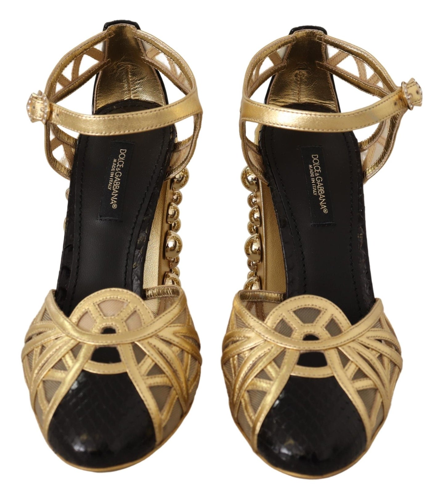 Schwarz-goldene Lederschuhe mit Knöchelriemen und Nieten