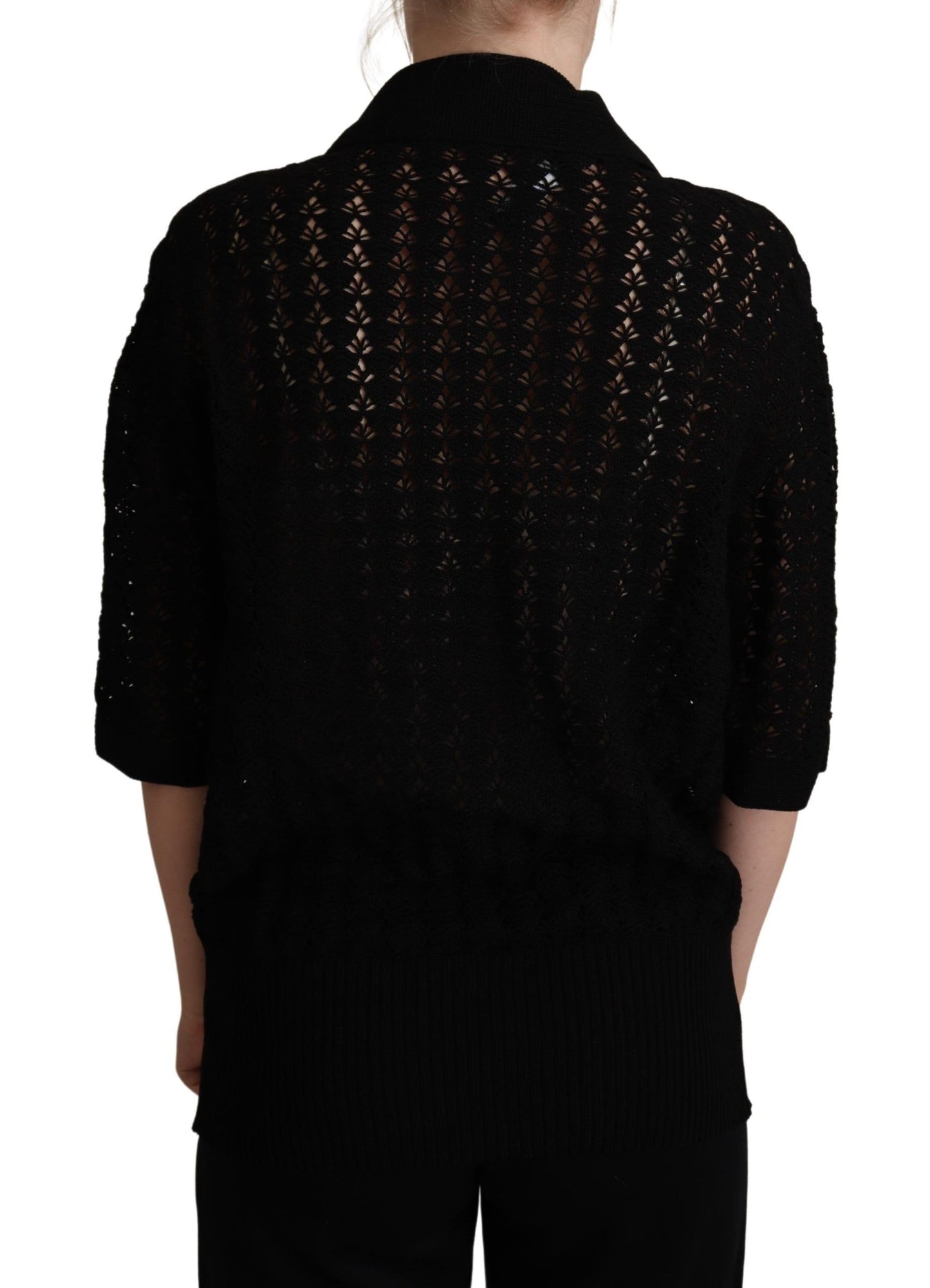 Schwarzer bestickter Strickpullover aus Baumwolle