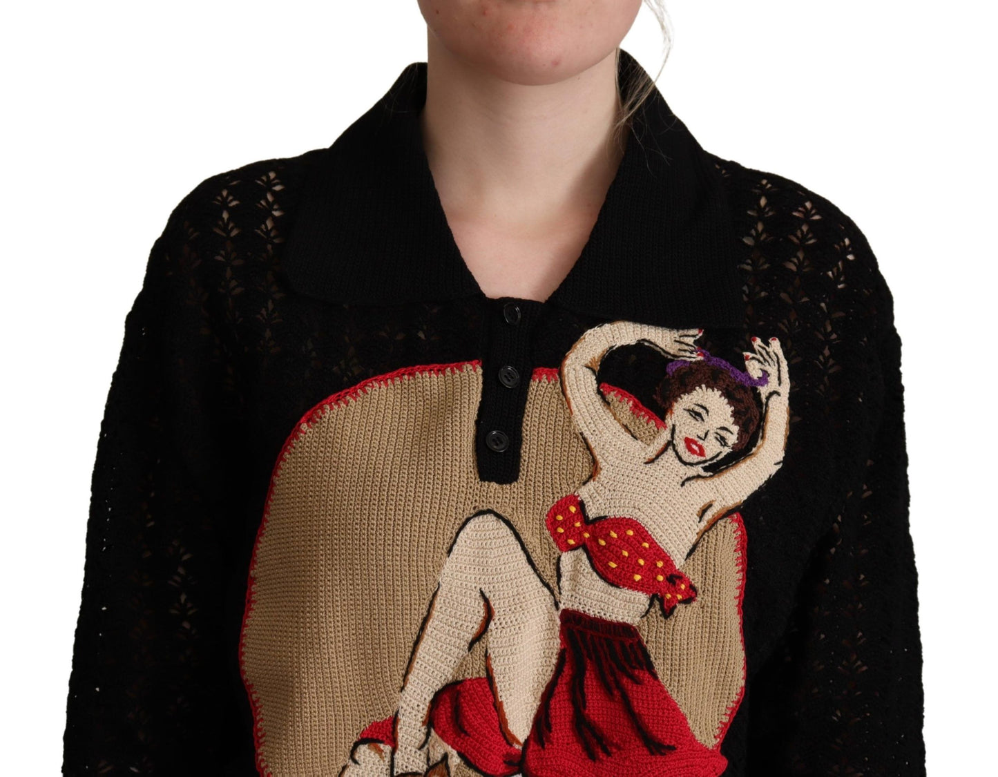 Schwarzer bestickter Strickpullover aus Baumwolle