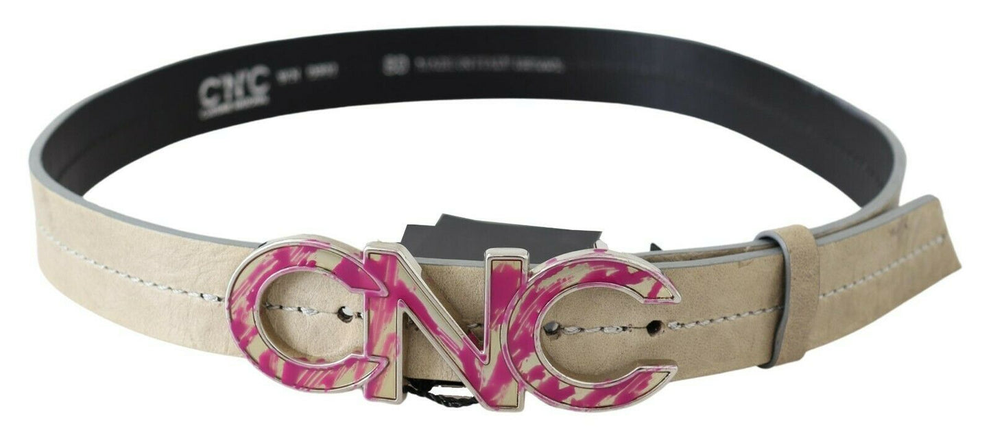 Beigefarbener Ledergürtel mit rosa Buchstaben-Logo-Schnalle