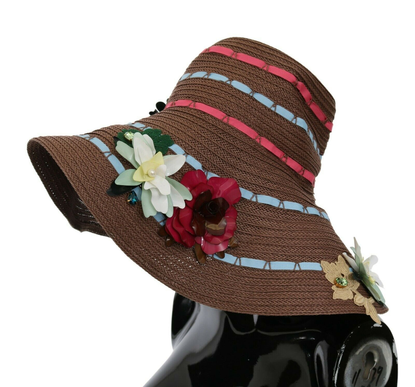 Brauner gestrickter Strohhut mit Blumenmuster