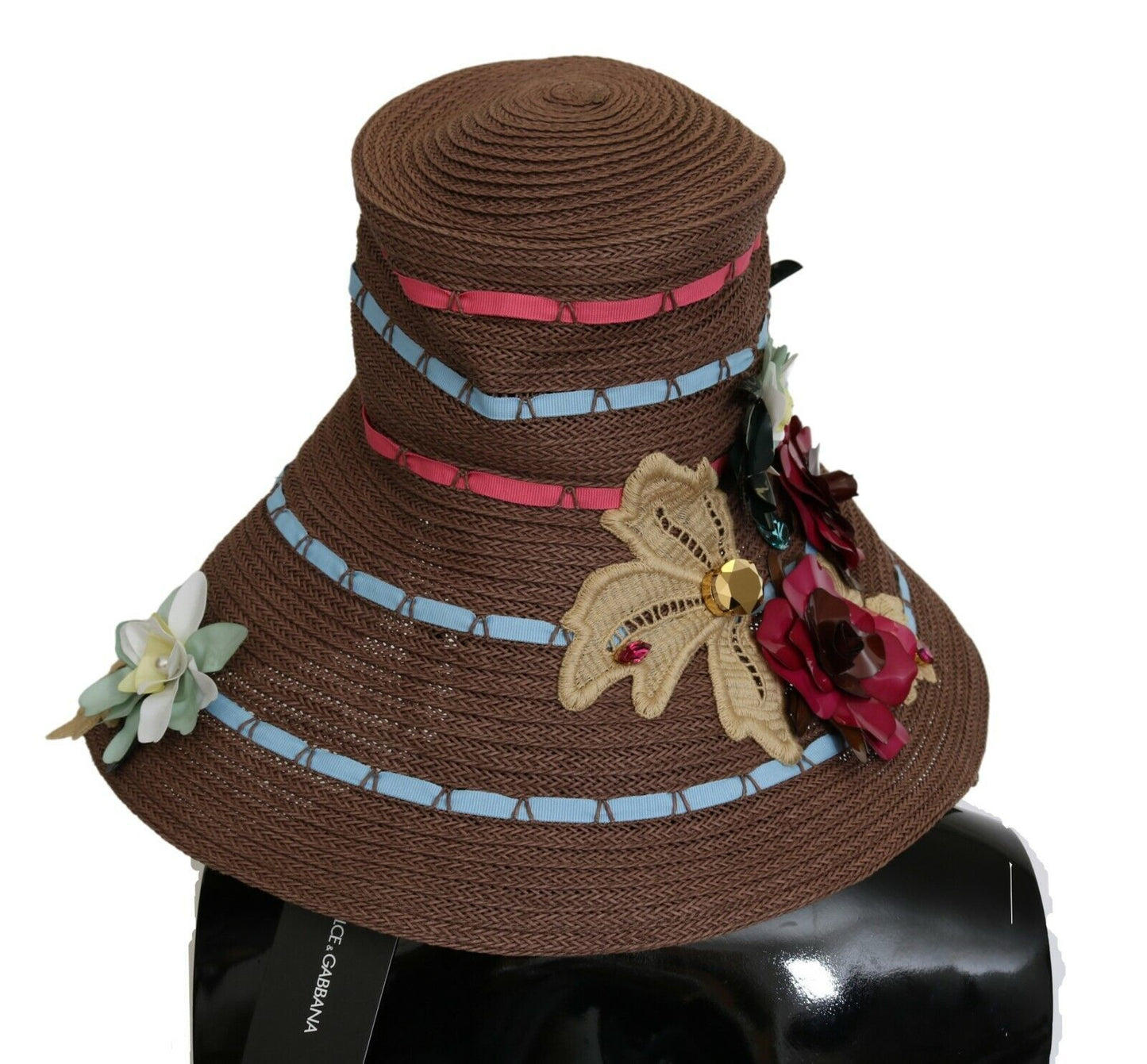 Brauner gestrickter Strohhut mit Blumenmuster