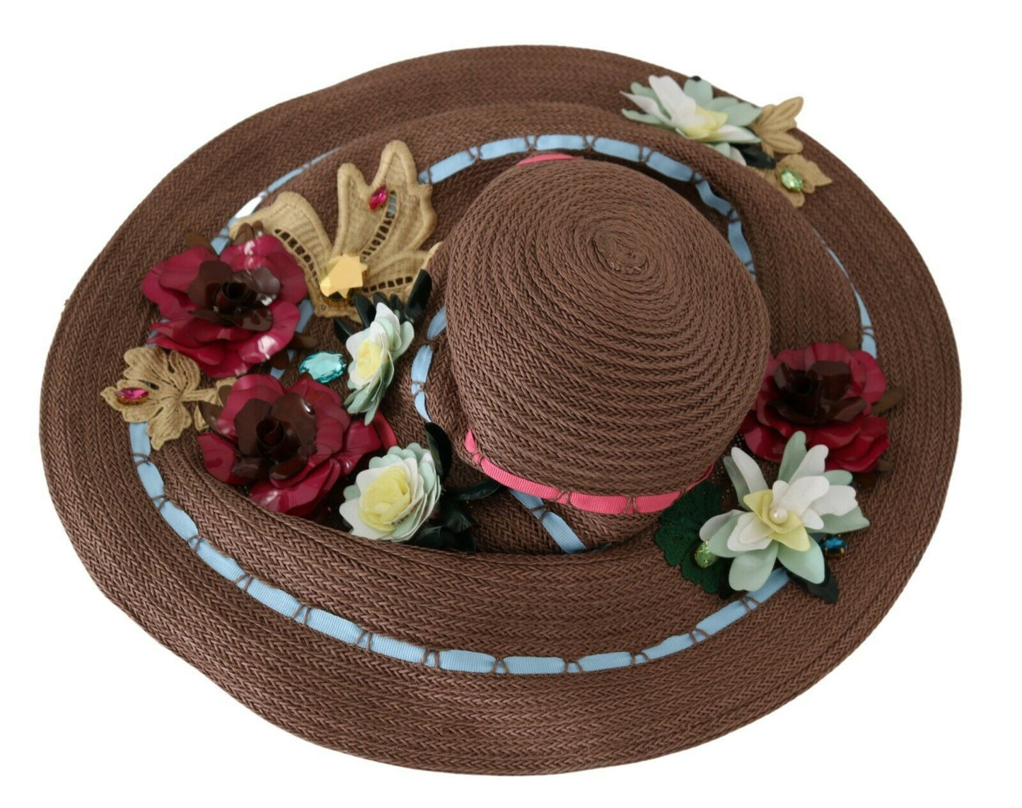 Brauner gestrickter Strohhut mit Blumenmuster