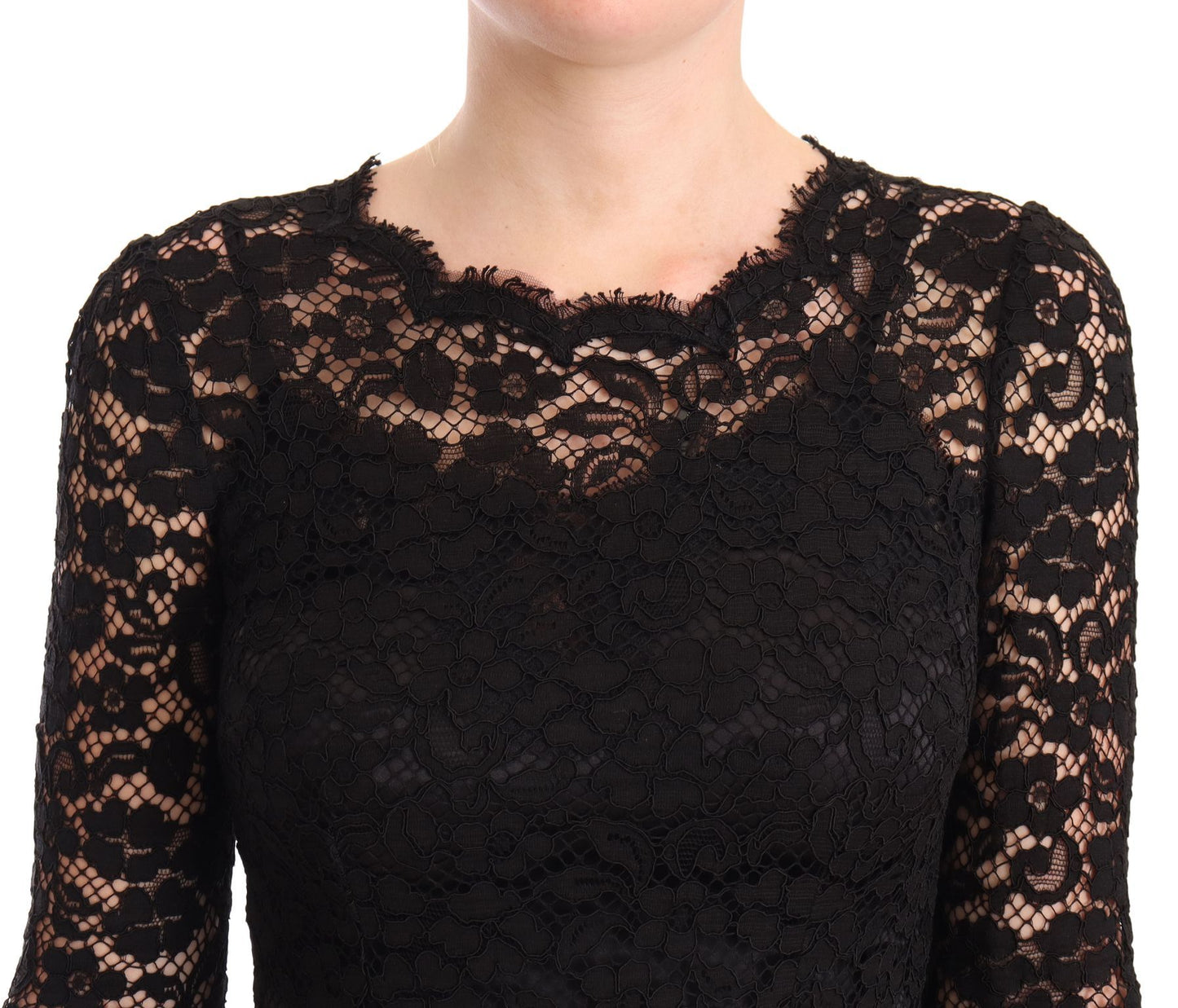 Schwarzes Meerjungfrauenkleid mit langen Ärmeln aus Baumwollspitze