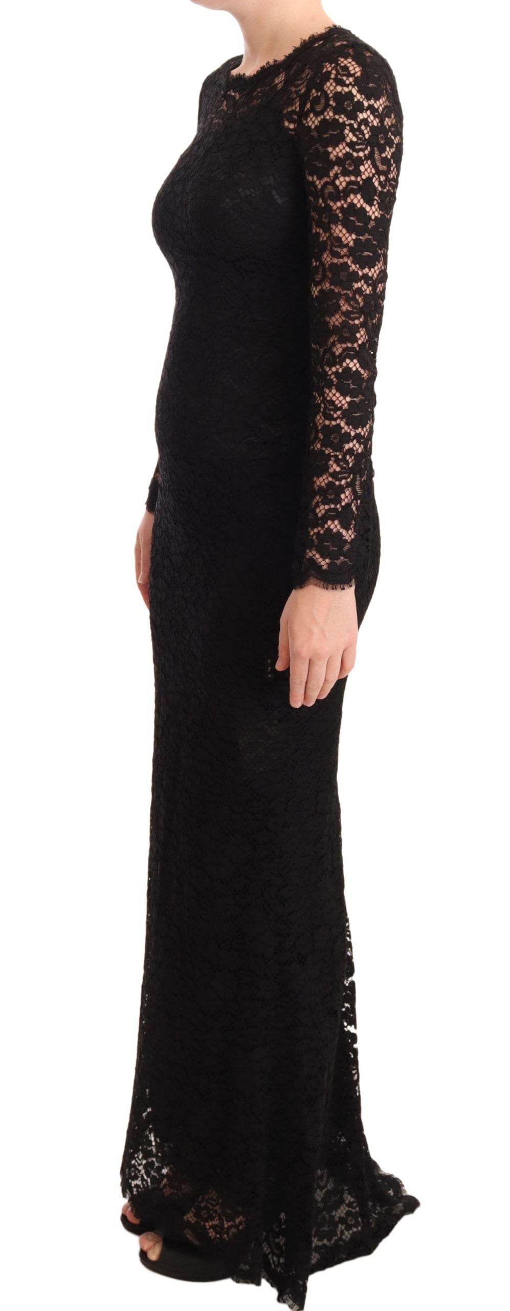 Schwarzes Meerjungfrauenkleid mit langen Ärmeln aus Baumwollspitze