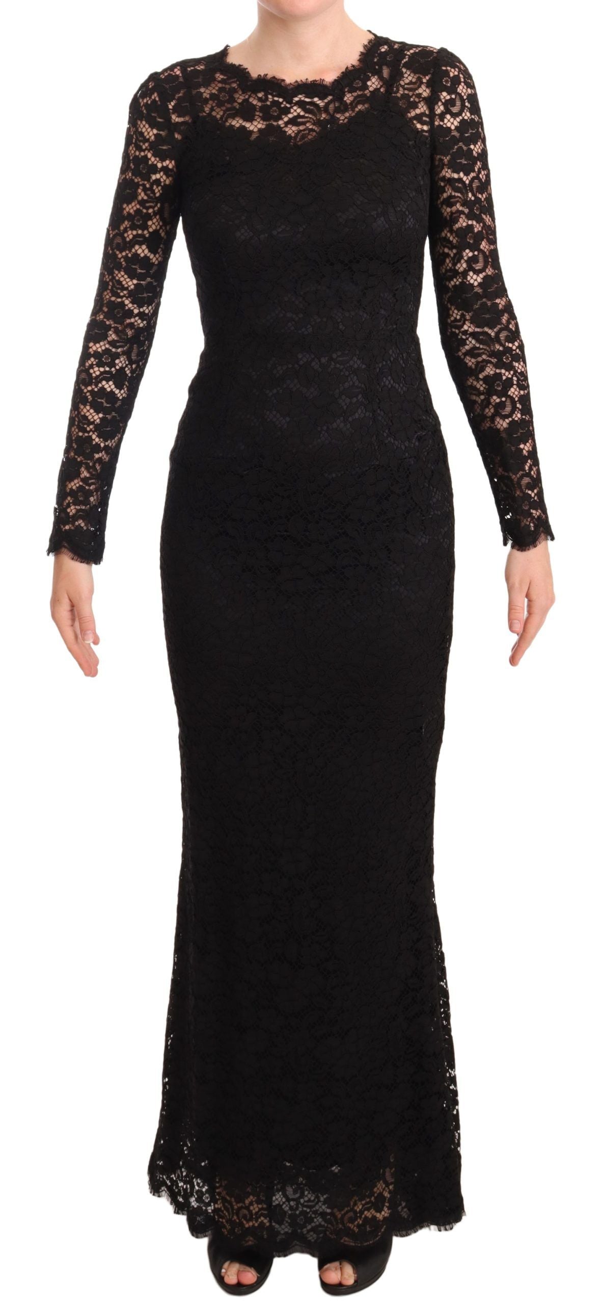 Schwarzes Meerjungfrauenkleid mit langen Ärmeln aus Baumwollspitze
