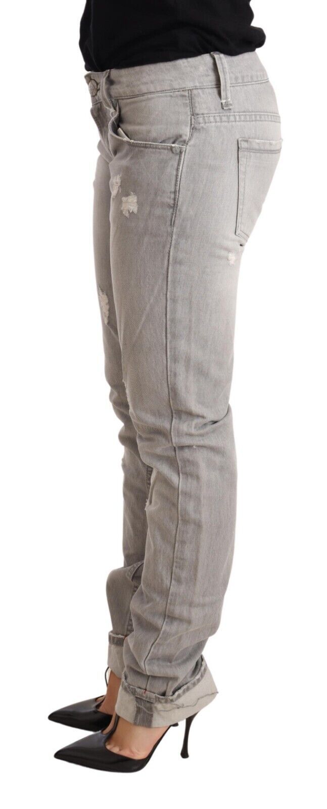 Graue Slim Fit Jeans aus zerfetzter Baumwolle mit umgeschlagenem Saum für Damen