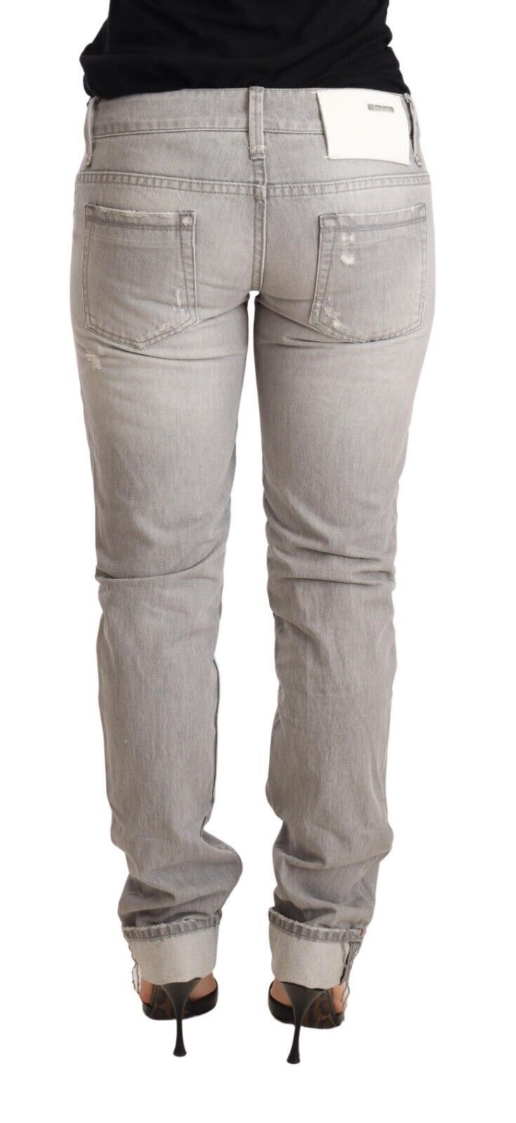 Graue Slim Fit Jeans aus zerfetzter Baumwolle mit umgeschlagenem Saum für Damen