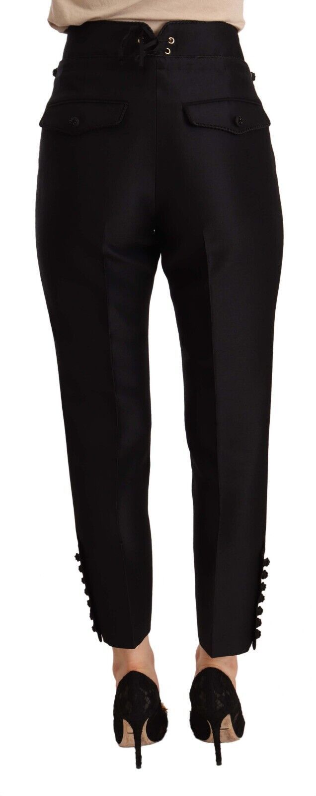 Schwarze, verkürzte Hose mit hoher Taille und Knopfverzierung