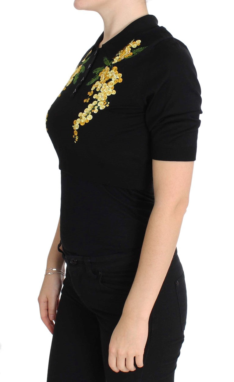 Schwarzes Poloshirt aus Seide mit Blumenstickerei