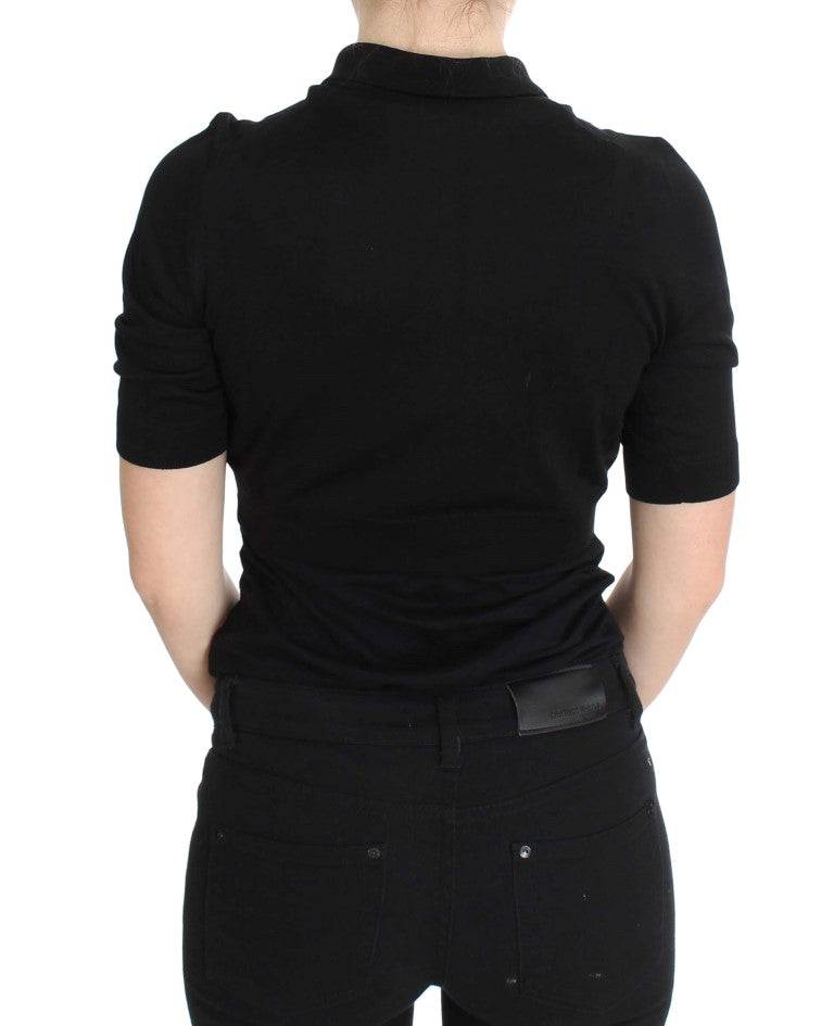 Schwarzes Poloshirt aus Seide mit Blumenstickerei