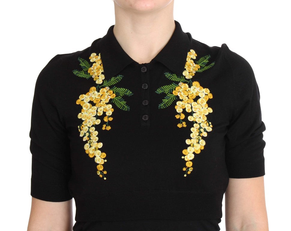 Schwarzes Poloshirt aus Seide mit Blumenstickerei