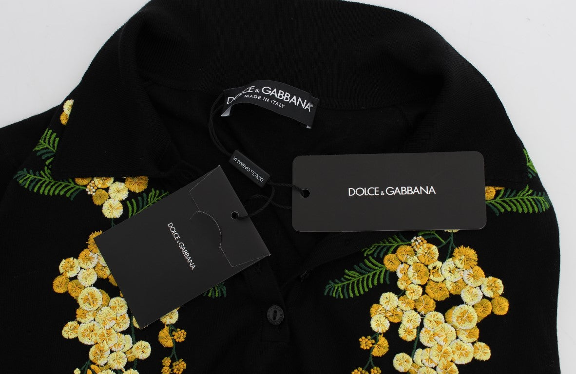 Schwarzes Poloshirt aus Seide mit Blumenstickerei