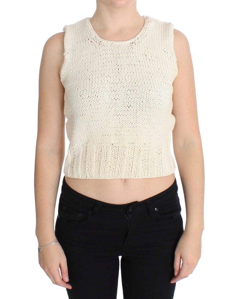 Beigefarbener ärmelloser Strickpullover aus Baumwollmischung