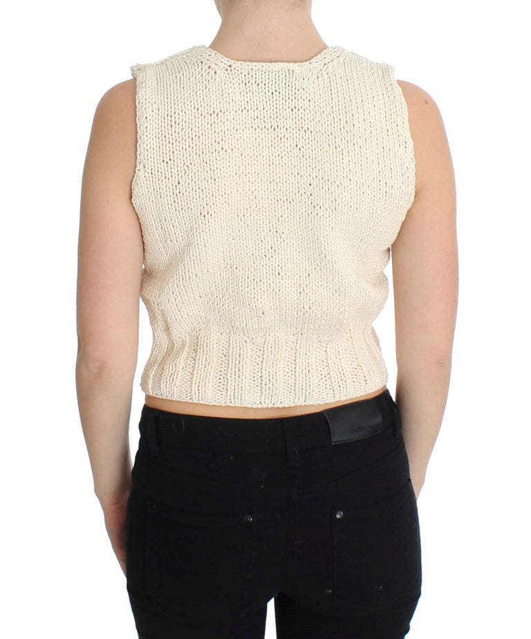 Beigefarbener ärmelloser Strickpullover aus Baumwollmischung