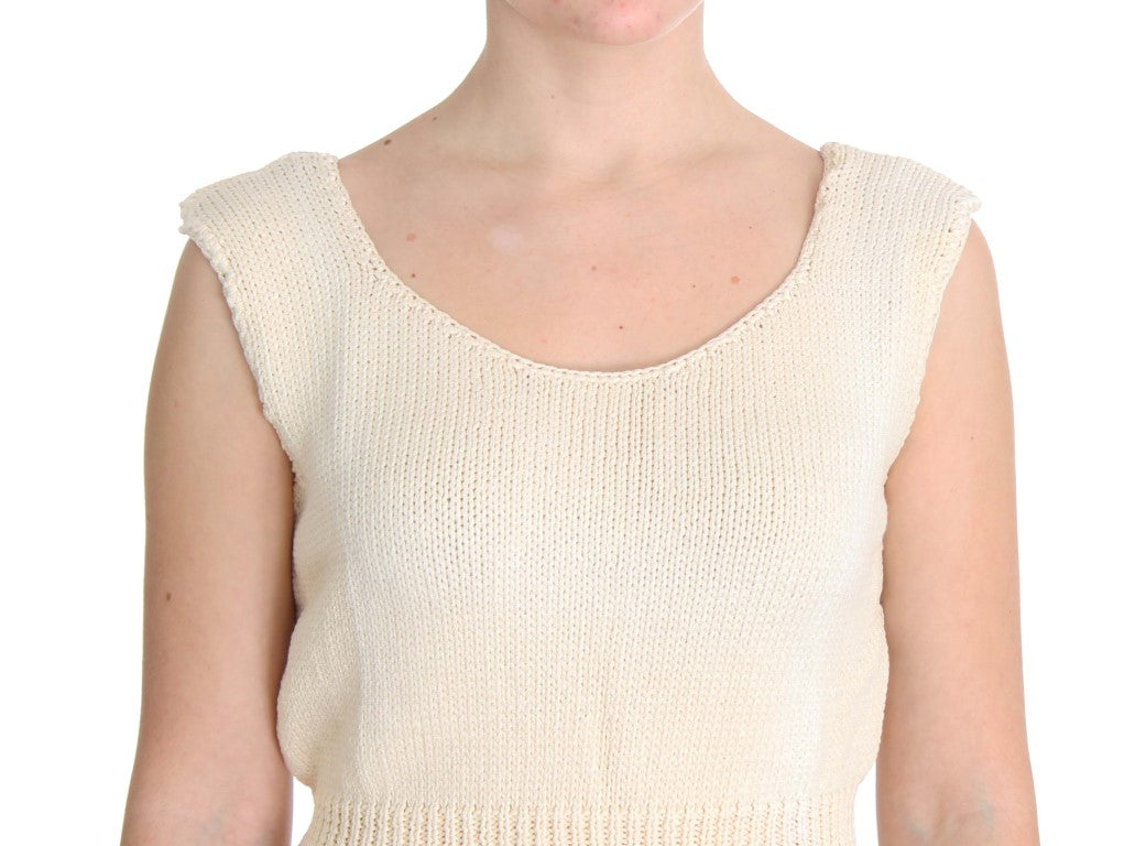 Beigefarbener ärmelloser Strickpullover aus Baumwollmischung