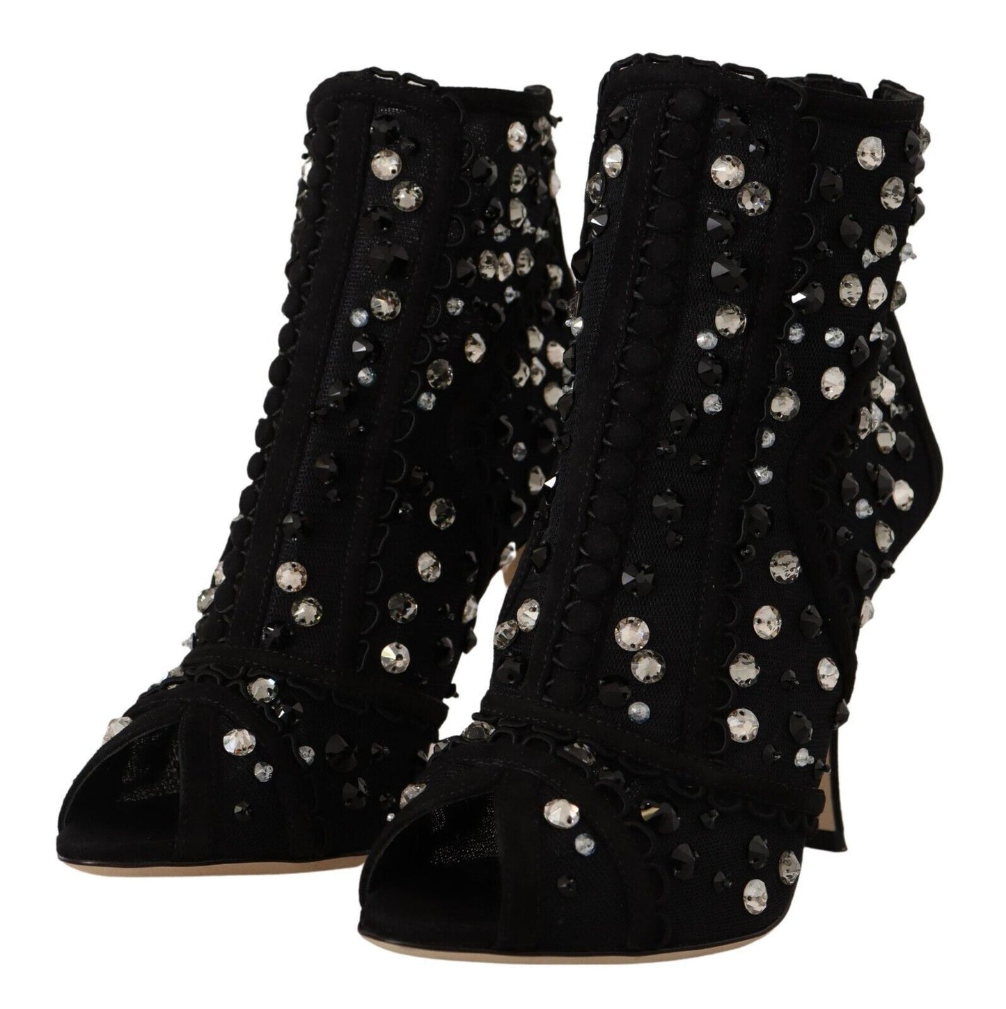 Schwarze Kristalle Heels Reißverschluss Kurze Stiefel Schuhe