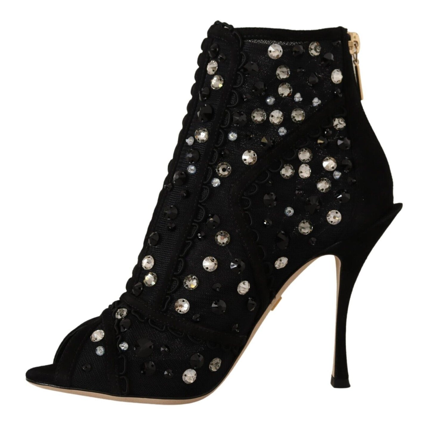 Schwarze Kristalle Heels Reißverschluss Kurze Stiefel Schuhe